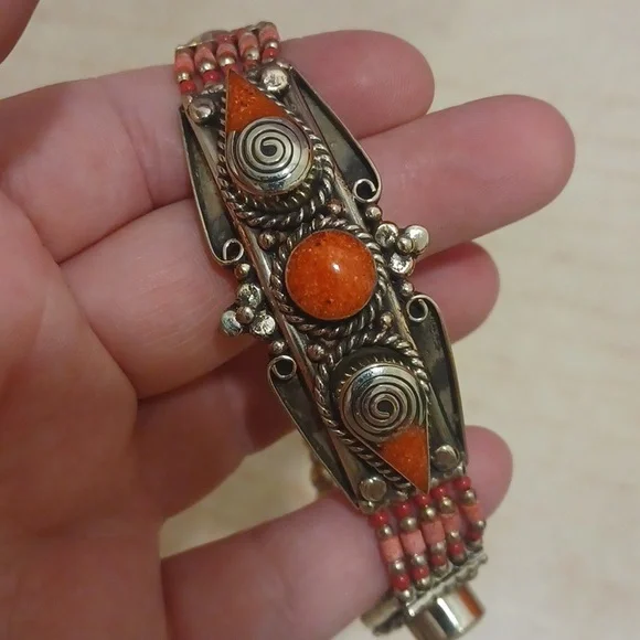 Southwest Inspired Coral Beaded Silver Bracelet - Picture 5 of 5